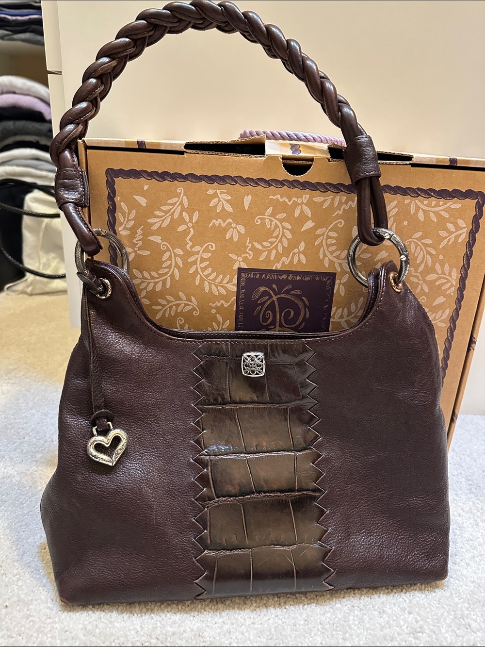 Brighton Dark Brown Leather Shoulder Bag with Braided Handle